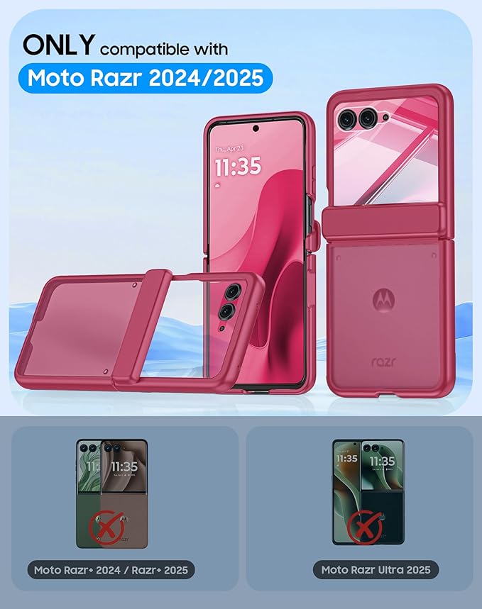 for Motorola Razr 2025 Case/Razr 2024 Case with Hinge Protection, Screen Protector, Ultra-Thin Skin Feel Translucent Frosted, Shockproof Cover for Razr 2025/2024-Rose Red (NOT for Plus/Ultra)