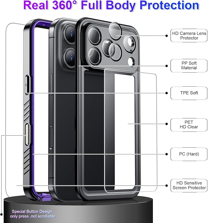 Compatible with iPhone 17 Pro Max Case,Waterproof Built-in Screen & Camera Protector IP68 Underwater Full Body 17FT Military Dropproof Shockproof Phone Case 6.9"-Purple/Clear
