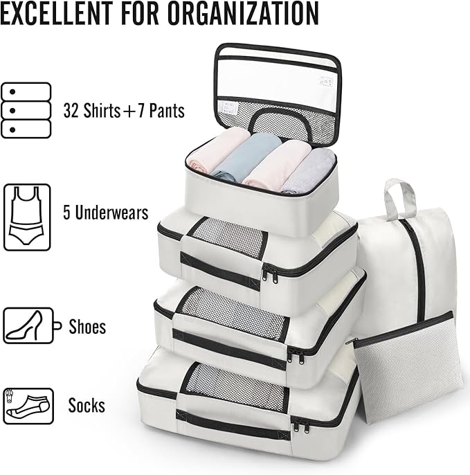 Veken 8 Set Packing Cubes for Travel Essentials,Anti-Wrinkle Buckled Suitcase Organizer for Shoe & Toiletry Bag,Carry On Luggage Bag for Airplane & College Dorm Room Accessories,Women Men Gifts