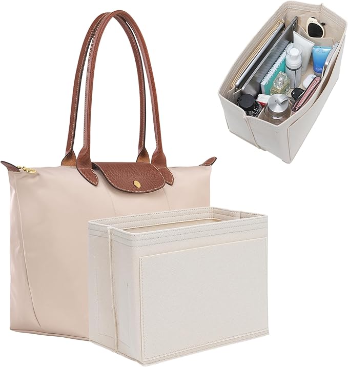 Premium Felt Purse Organizer Insert for Longchamp Le Pliage M, Zipper Long Champ Bag Organizer Insert with Cup Holder, 9 Compartments(Beige, Medium)