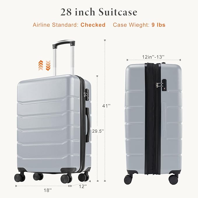 NEWBULIG 28 Inch Checked Luggage, ABS Hard Shell Lightweight Rolling Expandable Suitcase with Smooth Spinner Wheels and TSA Lock for Business Trips and Daily Vacations, Light Grey