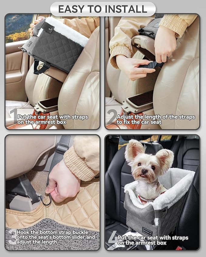 PETSFIT Center Console Dog Car Seat with Safe Protection Hooks, Pet Car Seat with Upgraded Safety Tethers, Washable Cushion, Console Dog Car Seats for Small Dogs Up to 8 Lbs (Grey)