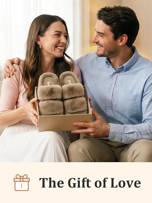 FamilyFairy Women's Fluffy Faux Fur Slippers Comfy Open Toe Two Band Slides with Fleece Lining and Rubber Sole