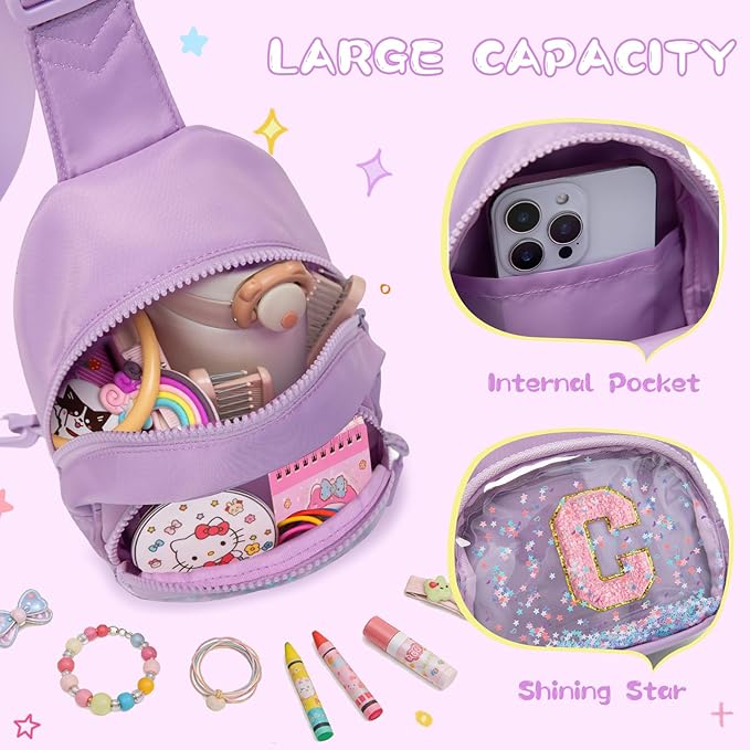 Viverte Birthday Gifts for Girls Small Clear Initial Sling Bag Crossbody Bag Purse Fanny Packs Personalized Monogrammed Gifts for Girls for Travel (Lavender-C)