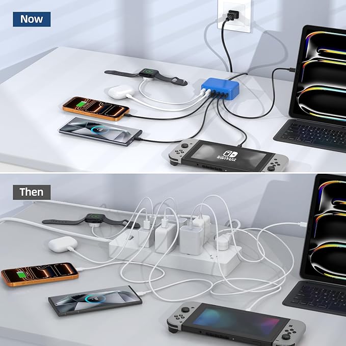6 in 1 USB Charger, 50% Smaller Charging Station for Multiple Devices, 100W Fast Charging Blocks with Type C Ports, USB Charging Hub Organizer Multiport Power Strip for iPhone, Ipad, Kindle, Travel