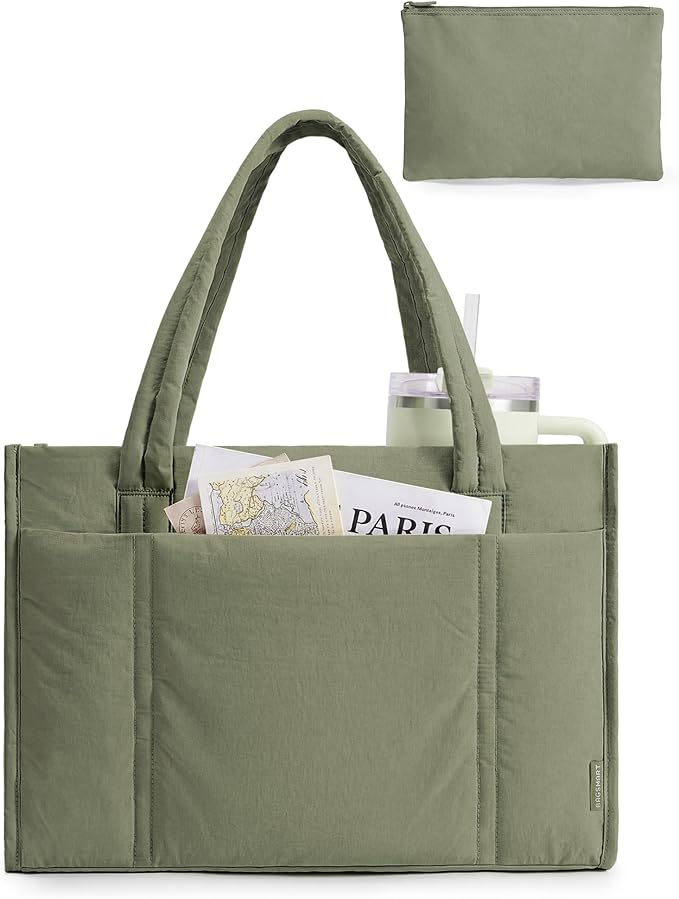 BAGSMART Tote Bag for Women, 2Pc Puffer Tote Bag with Zipper, Quilted Work Tote Teacher Bag Shoulder Handbag | Beach Tote