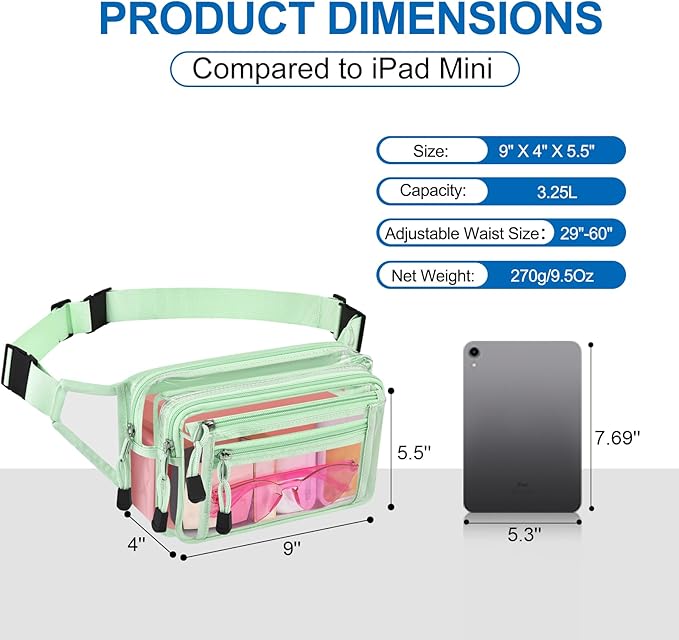 Clear Bag Stadium Approved Clear Fanny Pack for Women for Work,Multi-purpose Waist Bag for Travel & Sporting Event