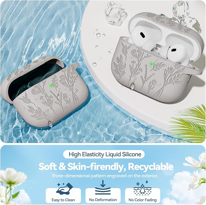 Flower Engraved Case for Apple AirPods Pro 2 Gen with Clean Kit,Soft Silicone Protective Case Cover for AirPod Pro 2nd/1st Generation Keychain,Lanyard,3 Pair Ear Tips,Front LED Visible,White