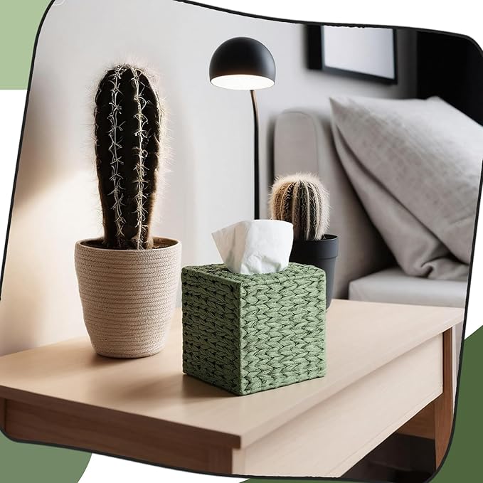 Sage Green Tissue Box Cover Square Natural Paper Rope Hand Woven Tissue Box Holder for Bathroom Living Room Bedroom Kitchen Table Desk Office Boho Home Decor