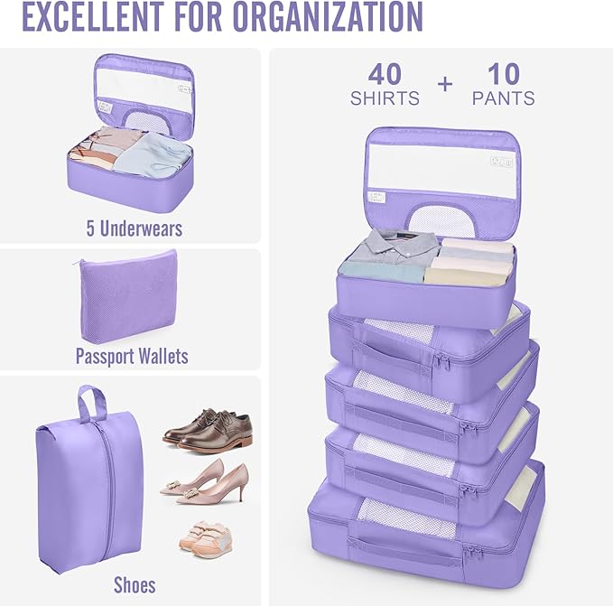 Veken 10 Set Packing Cubes for Travel Essentials,Anti-Wrinkle Buckled Suitcase Organizer for Shoe & Toiletry Bag,Carry On Luggage Bag for Airplane & College Dorm Room Accessories,Women Men Gifts