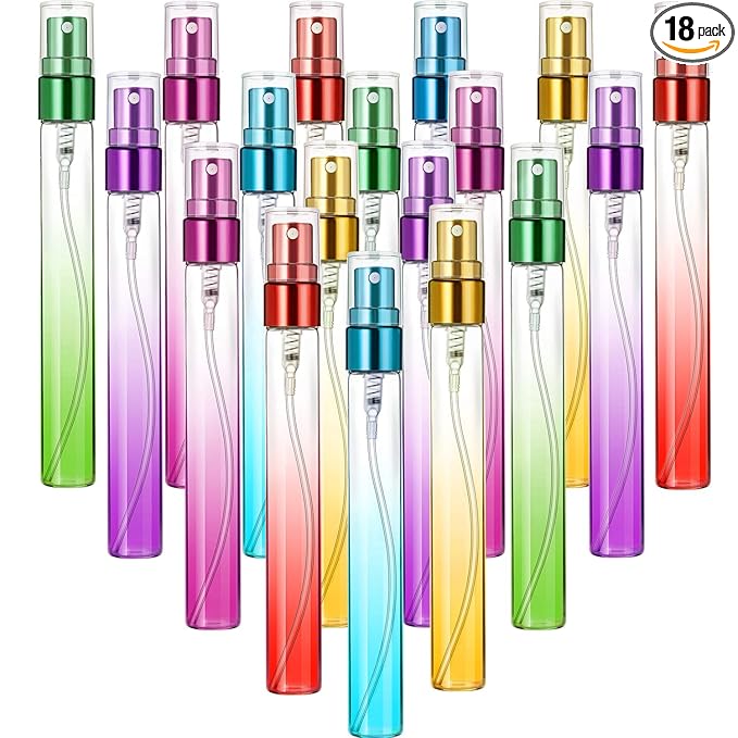 18 Pieces Mini Travel Perfume Spray Bottles 10 ml Colorful Glass Fine Mist Sprayer Empty Spray Bottles Refillable Container Perfume Atomizer for Cleaning, Essential Oil, Liquid, 6 Gradient Colors