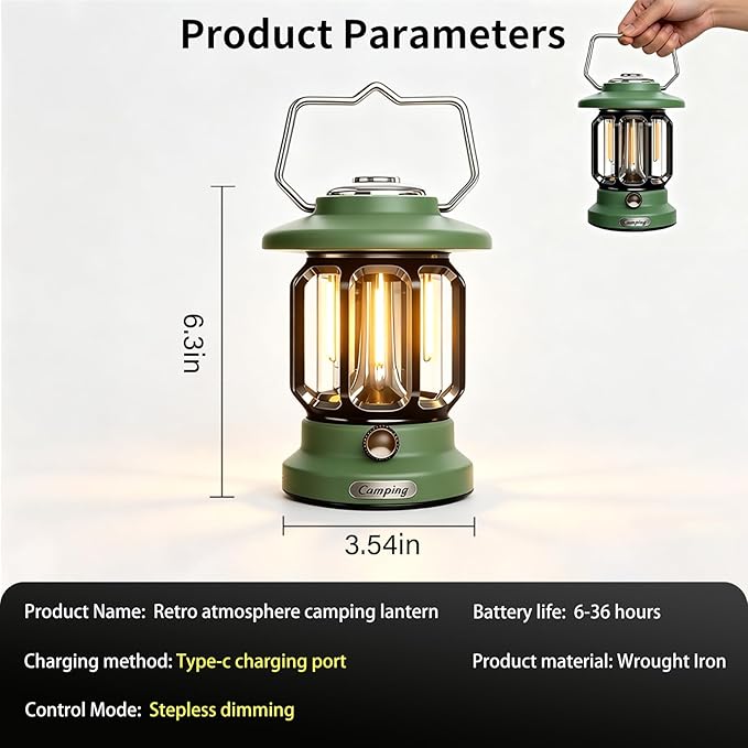 Rechargeable Camping Lantern Outdoor 1200LM, 3600mAh LED Dimmable Warm & White Modes, Retro Tent Lamp Hanging Lights for Outside, Rustic Decor, Powered Lanterns Lighting for Garden Patio Decorative