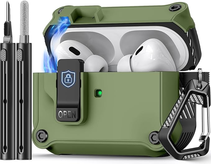 Pohgelan Compatible with AirPods Pro 2nd/1st Case,Magnetic Automatic Lock with Cleaning Kit,Compatible with Magsafe Cover -Dark Green
