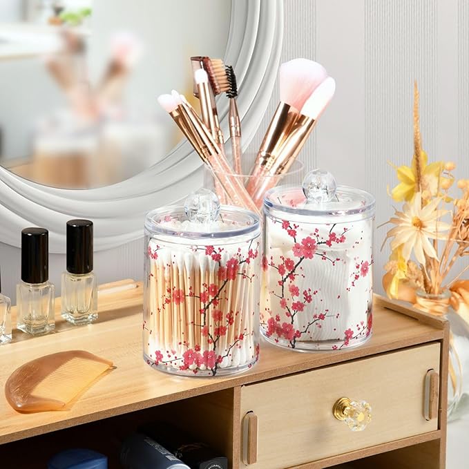 2 Pack Qtip Holder Organizer Dispenser Branches Pink Cherry Blossom Bathroom Storage Canister Cotton Ball Holder Container for Cotton Pads/Swabs/Floss