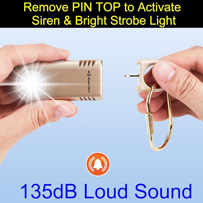 135dB Rechargeable Personal Safety Alarm Built-in Ultra-Bright Flashlight Non Slip Grip Keychain Emergency SOS Siren for Women, Students, Night Runner. Loud Sound Hiking Bear Alerts with Hook. Gold