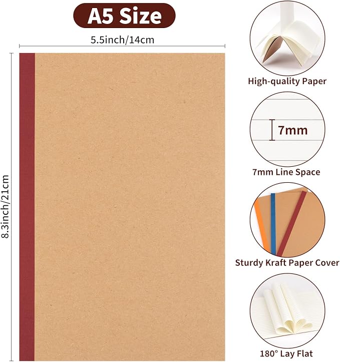 ALKALO 120 Pack Lined Notebook Journals Bulk, A5 College Ruled Composition Notebook, 8.3”x 5.5”, Kraft Cover with Vintage Spines, 15 Colors 60 Pages for School Office Travel(Vintage-Lined-120 pack)