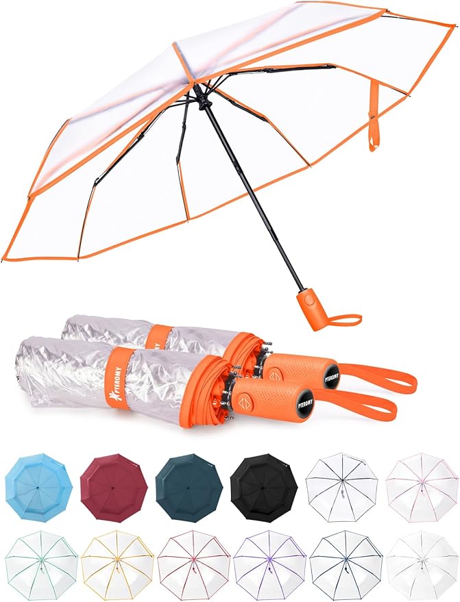 PTEROMY Windproof Travel Umbrellas for Rain and Sun, Withstands 85MPH Winds Auto Open Close Folding Umbrella with Ergonomic Handle, Quick Dry Canopy for Commuting or Backpack