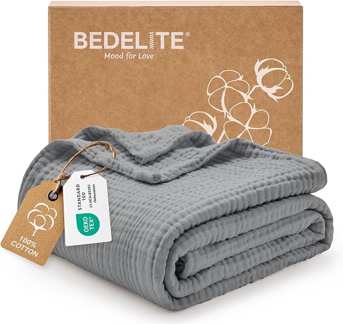 BEDELITE 100% Cotton Muslin Blankets for Adults - 4-Layer Large Throw Breathable and Lightweight Gauze Blanket for Couch, Bed, Travel and Summer, Soft & Cozy Gift for Women, Grey, 50"x70"