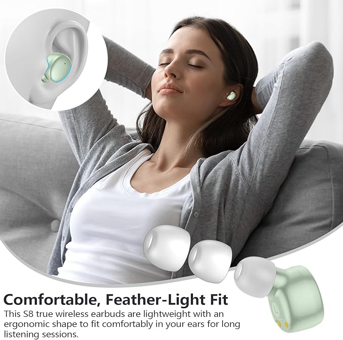 MOZOTER S8 Mini Wireless Earbuds Bluetooth 5.3 in Ear Light-Weight Headphones,60Hrs Playtime Ear Buds with Charging Case,Built-in Microphone Headset,Premium Sound with Deep Bass for Sport-Green
