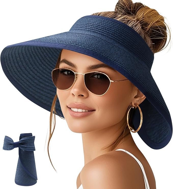NPQQUAN Sun Visor Hats for Women Wide Brim Ponytail Straw Beach Hat Packable Foldable UPF 50+ Floppy Travel Hats