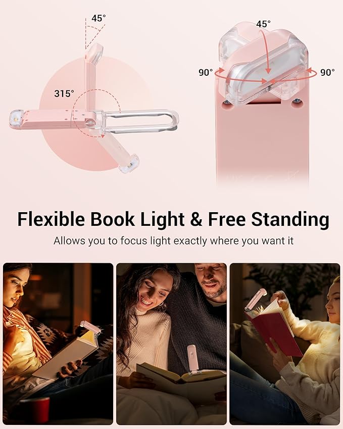 DEWENWILS USB Rechargeable Book Light for Reading in Bed, Clip-on LED Reading Lamps Portable Bookmark Lights for Kids, Book Lovers, 4 Brightness Adjustable for Eye Protection (Light Pink)