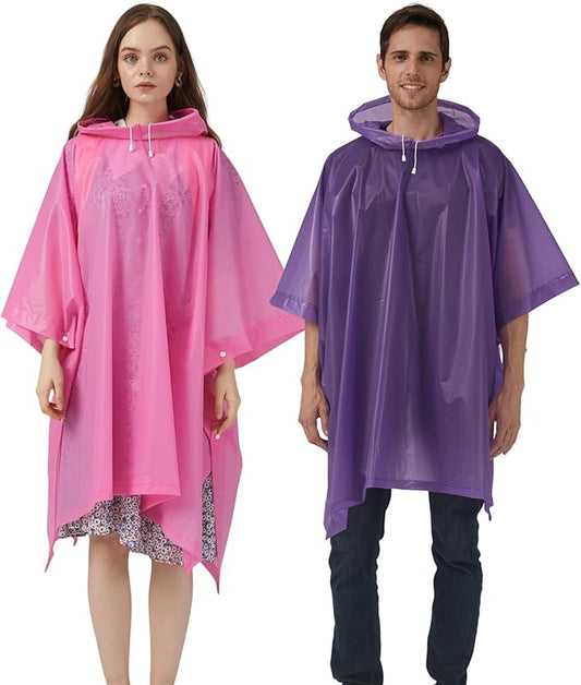 Rain Ponchos for Adults, 2 Pack Raincoats Jacket Reusbale with Drawstring Hood Sleeves for Women Men