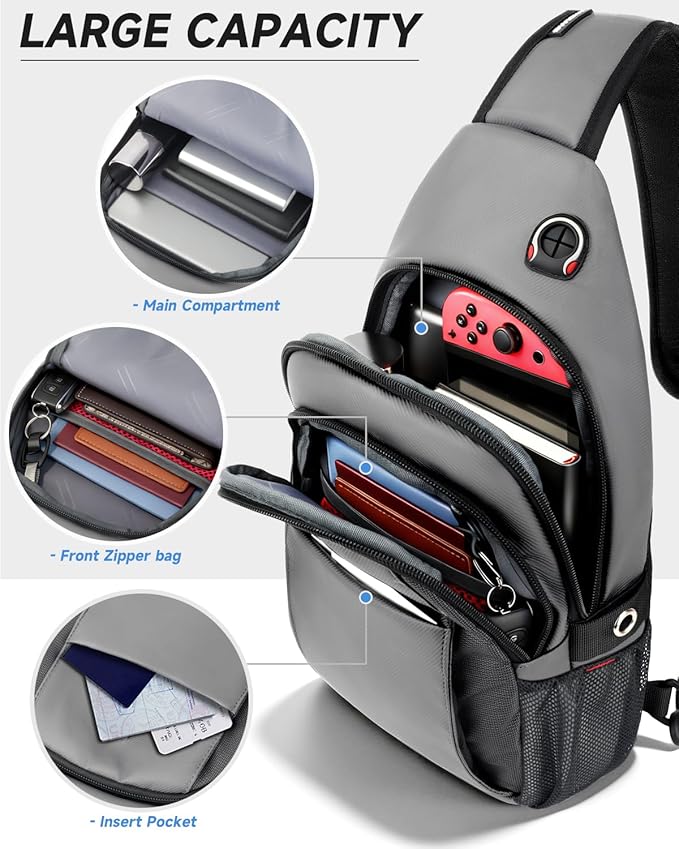 Expandable Sling Bag for Men, Anti-Theft Chest Pack with Water Bottle Pocket & Earphone Port, Crossbody Backpack for Hiking, Travel & Outdoor, Fits Switch 2, 11 Inch iPad, Grey | Mens Crossbody Bag
