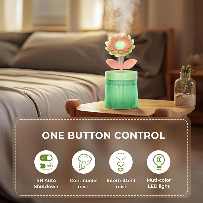 260ml Flower Mini Humidifier, Green Sunflower Desktop Small Humidifiers, Personal Cool Mist Humidification, USB Desk Humidifier for Bedroom, Office, Travel & Indoor Plants