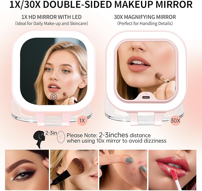 FUNTOUCH Rechargeable Travel Makeup Mirror 30X Magnification, 4.5" Lighted Portable Vanity Mirror with 3 Colors Lighting & Stepless Dimming, Double Sided LED Mirror, Gift for Women (Pink)