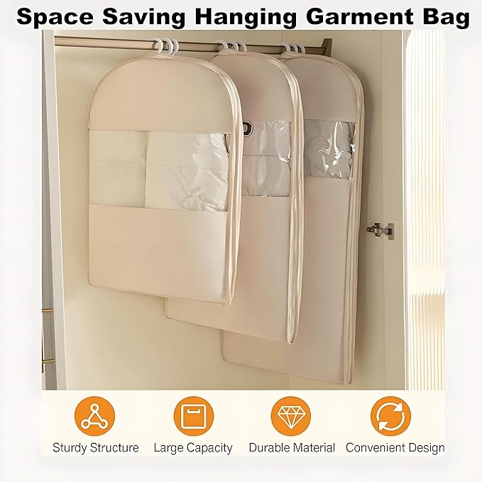 Space Saving Hanging Garment Bag with Self Compression Zipper, Update Space Saver Clothes Storage Organizer, Dust Cover Clothes Bags for Down Coat Suit Dress or Jacket (Beige, XL)