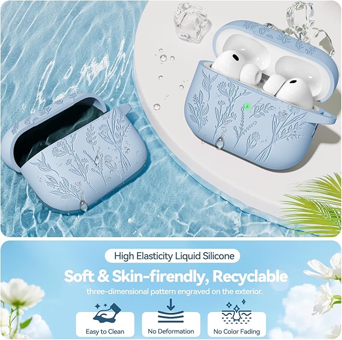 Ekoonpft for Airpods Pro 3 Case, Flower Engraved Cases for Apple AirPods Pro 3rd Generation 2025, Soft Silicone Cover for Men Women Girly with Cleaning Kit & Keychain, Anti-Scratch, Shockproof