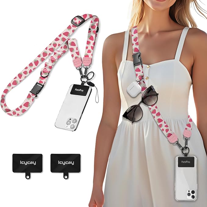 Icycay Phone Lanyard Crossbody, Cute Strawberry Cell Phone Strap for Around The Neck Adjustable, Anti Theft Lanyard for ID Holder Keys Accessories Travel Essential