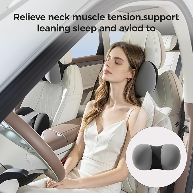 BABUR Car Headrest Pillow, 100% Memory Foam Softness Neck Support Pillow, Universal Fit Head Rest Travel Pillow for Pain Relief While Driving, Gray