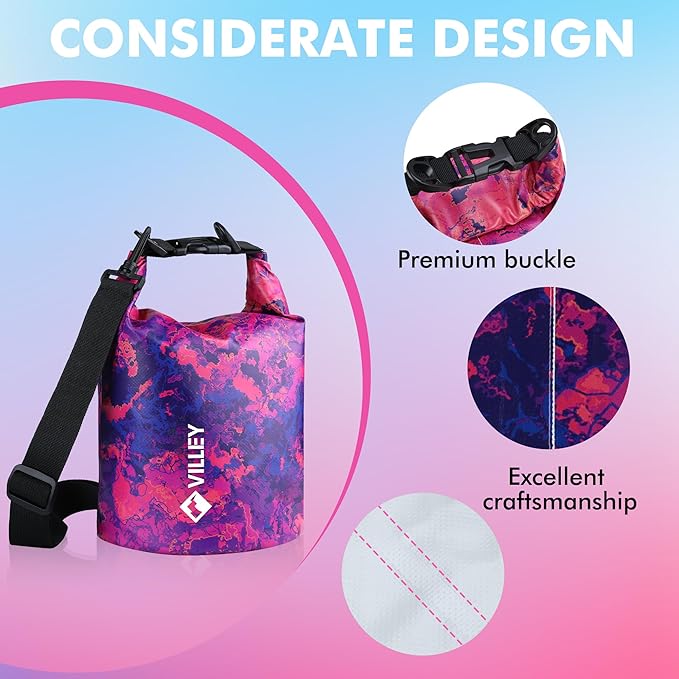 VILLEY Dry Bag Waterproof 5L Roll Top Storage Backpack, Keeps Gear Dry Lightweight Backpack for Kayaking Boating Camping Swimming and Beach Accessories Purple Camo