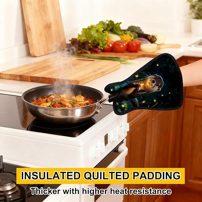 Otter and Fireflies Pot Holders with Pockets 2 PCS, Heat Resistant Oven Mitts Hot Pads for Kitchen Baking Cooking, Square Thick Pot Holders Kitchen Hot Potholders, 8.5x10 Inches