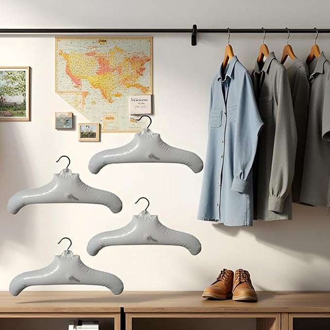 Inflatable Hangers for Travel X 4 in White Round Shoulder, Air Blow up Clothes Drying Hangars with Metal Hook, Compact, Space Saving, Foldable, Portable, Non Slip for Hand Wash Laundry