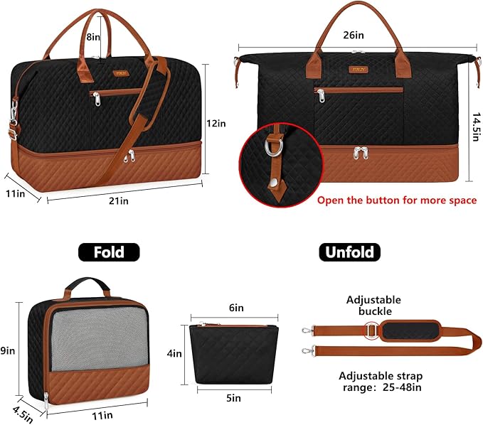 ITIEZY Weekender Overnight Bag for Women - Large Travel Duffel Bag with Shoe Compartment, Gym Duffel Bag Hospital Bag Carry On Tote Bags for Airplanes with Crossbody Bag Toiletry Bag 3Pcs Set