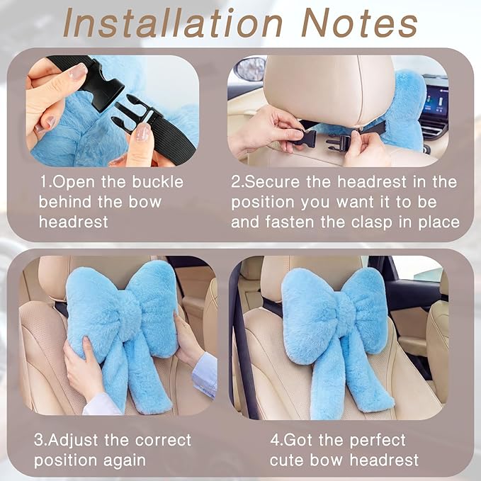 Macarrie 2 Pcs Car Neck Pillow Plush Butterfly Bow Car Headrest Pillow Comfortable Seat Neck Support Cute Head Rest Accessories for Driving Travel Driver Chair Girl Interior Decor (Blue,Solid)