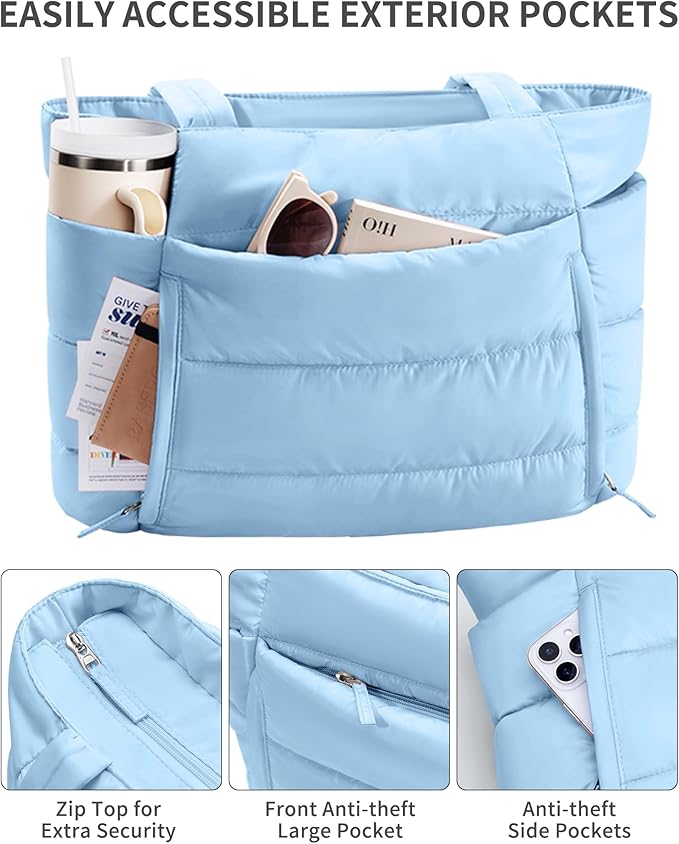 Bagstellar Puffer Tote Bag for Women, Lightweight Puffy Work Handbag Teacher Nurse Quilted Shoulder Bag for School Travel Gym | Cloud Bag w/ Zipper