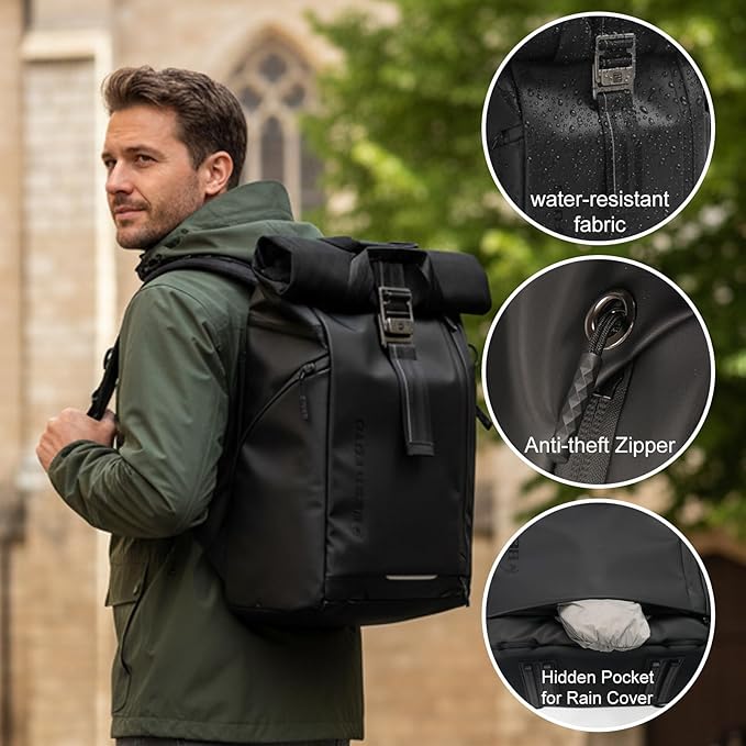 Besnfoto Waterproof Camera Backpack, Rolltop Photography Bag for Photographers, Expandable DSLR Mirrorless Case with 15.6" Laptop Compartment, Quick Side Access & Tripod Holder for Hiking Travel