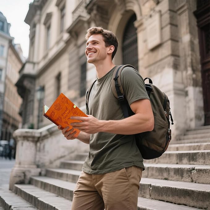 Travel Journal for Women Men and Couples, Leather Travel Notebook with Prompts, Travel Memory Book & Adventure Book (Orange)