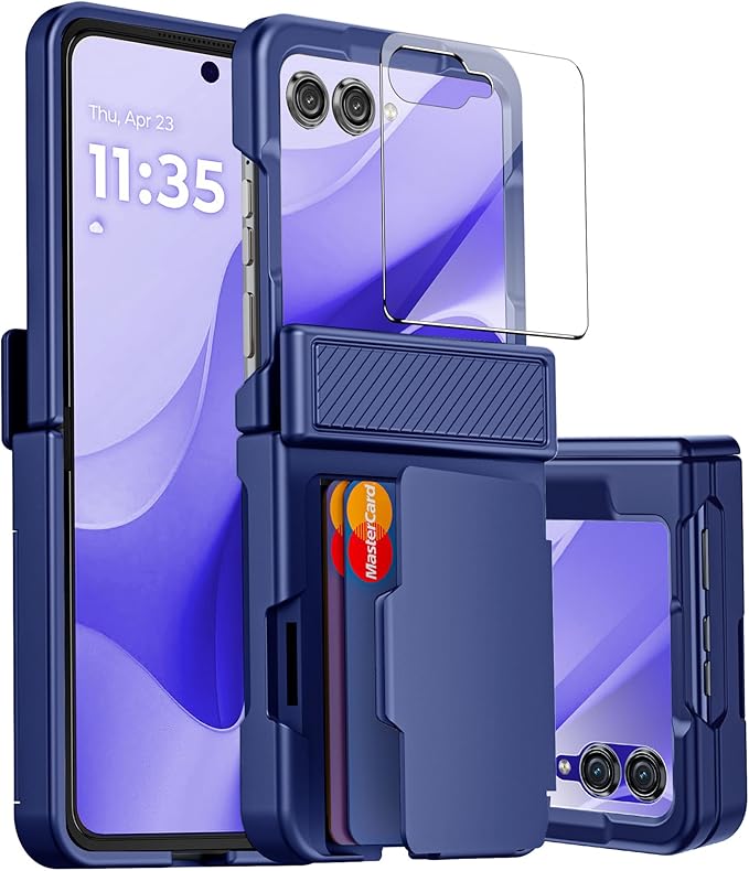 for Motorola Razr 2025 Case/Razr 2024 Case with Card Holder RFID Blocking, Built in Hinge Protection,Screen Protector,Full Body Rugged Shockproof Phone Case for Razr 2025/2024 (Sapphire Blue)