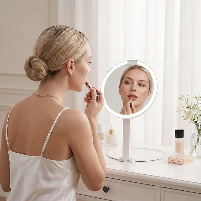Fancii Abigail Rechargeable Travel Makeup Mirror with LED Light, 8" Foldable Stand, 3 Color Lighting Travel Mirror. Dimmable & Lightweight Portable Vanity Mirror, Beauty Travel Essential