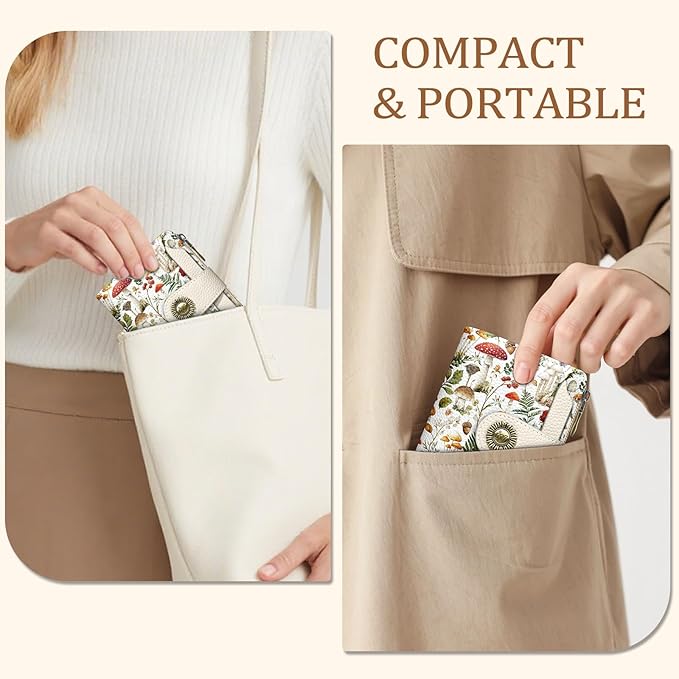 Icycay Mushroom Small Wallet Women RFID Blocking Bifold, Credit Card Holder, Zipper Coin Pocket, PU Leather, Compact, Travel, 4 ID Window, 14 Card Slots, Cash Purse, Ladies Woman Female Girls