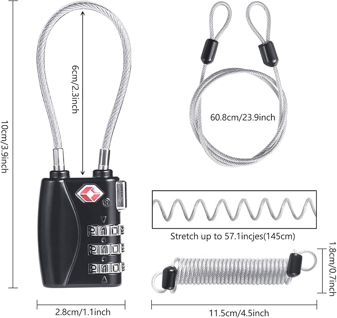 TSA Locks, Digit Combination Padlockss and Steel Cable Combination Travel Security Lock, Coded Lock for Baggage Travel Bag, Suit Case, Gym, Bike Locks (TSA Luggage Locks-2)
