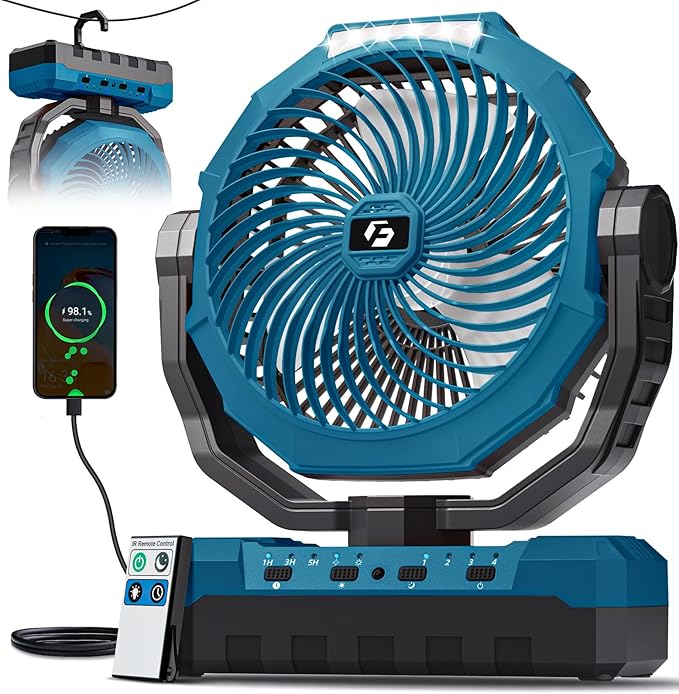 FRIZCOL 3-in-1 Camping Fan - Portable Fans Rechargeable - 24000mAh Battery Powered Fan with Light for Indoor, Outdoor, Tent, Travel, Fishing, Jobsite, Gifts for Men Dad Him - Blue