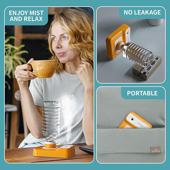 Portable Humidifier, Rechargeable Water Bottle Humidifier for Travel Bedroom Office Desk Plants, Mini Cool Mist Humidifier Whisper Quiet 23dB with 2 Mist Modes & Auto Shut-Off, Orange/w