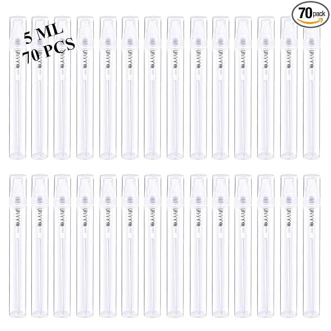 Mini Spray Bottles 70PCS 5ML Clear Plastic Empty Sample Containers Fine Mist Perfume Travel Refillable Spray Bottle Perfume Atomizer Small Travel Size Spray Bottle for Cleaning, Essential Oils