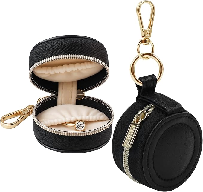 Portable Ring Keychain Holder for Gym and Travel - Black Jewelry Holder for Sports Bag, Compact Ring Earring Necklace Storage Case