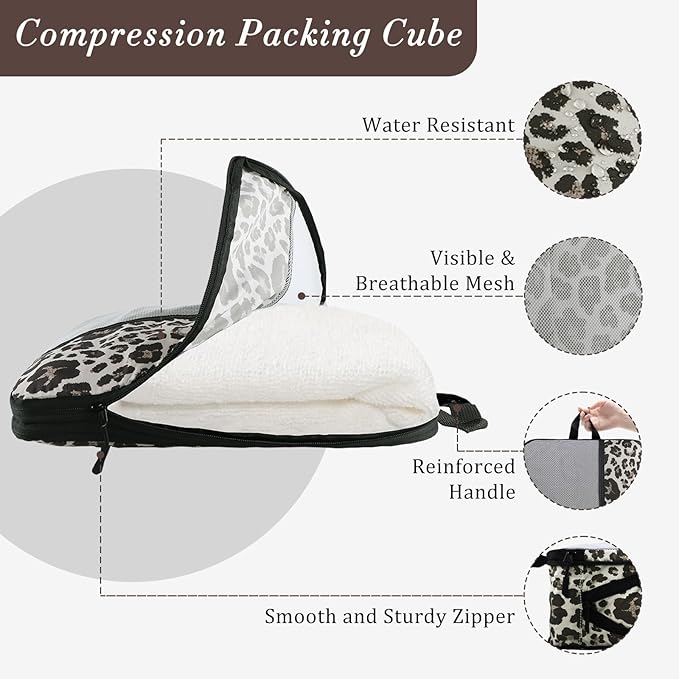 U+U 6 Set Compression Packing Cubes - Travel Organizers with Laundry Bag, Space-Saving Suitcase Organizer, Expandable Packing Organizers for Travel Essentials (Leopard)